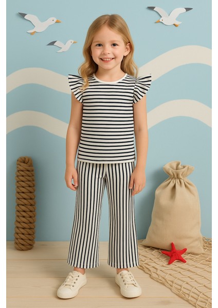 Kız Çocuk Lacivert Fırfır Kollu Bluz Pantolon Çizgili Takım, Çocuk Alt Üst Takım indirimleri