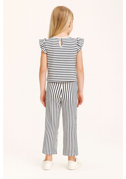 Kız Çocuk Lacivert Fırfır Kollu Bluz Pantolon Çizgili Takım, Çocuk Alt Üst Takım