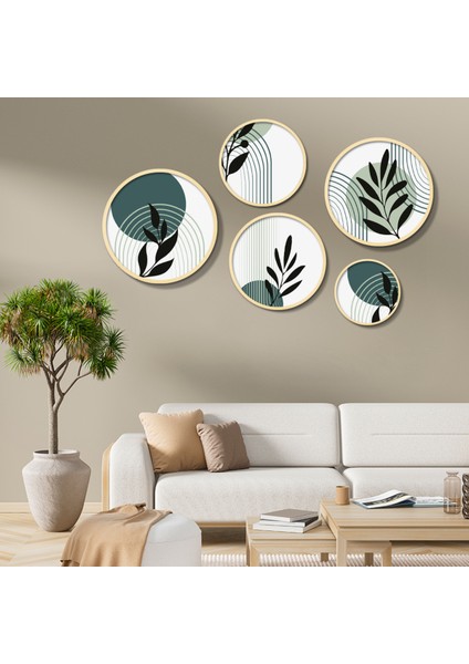 Yuvarlak Ahşap Çerçeveli Minimalist Çizgiler ve Siyah Bitki Tablo Seti