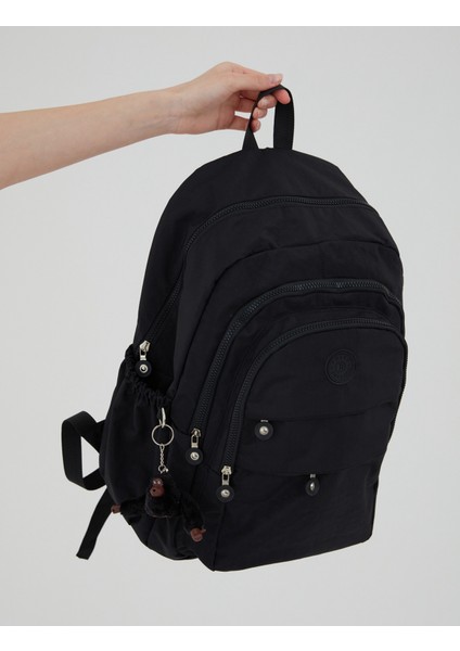 Unisex Krinkıl Kumaş Su Itici Büyük Boy Çok Gözlü Siyah Seyahat Sırt Çantas Lise Ortaokul Universite