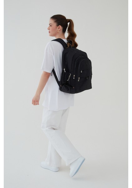 Unisex Krinkıl Kumaş Su Itici Büyük Boy Çok Gözlü Siyah Seyahat Sırt Çantas Lise Ortaokul Universite fiyatları