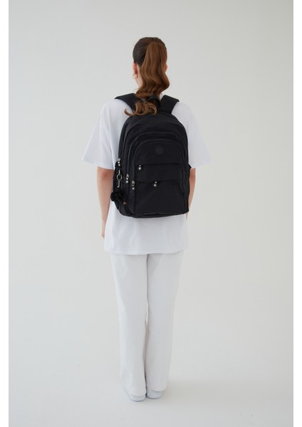 Unisex Krinkıl Kumaş Su Itici Büyük Boy Çok Gözlü Siyah Seyahat Sırt Çantas Lise Ortaokul Universite modelleri