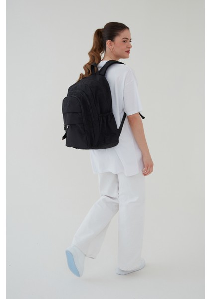 Unisex Krinkıl Kumaş Su Itici Büyük Boy Çok Gözlü Siyah Seyahat Sırt Çantas Lise Ortaokul Universite fırsatları