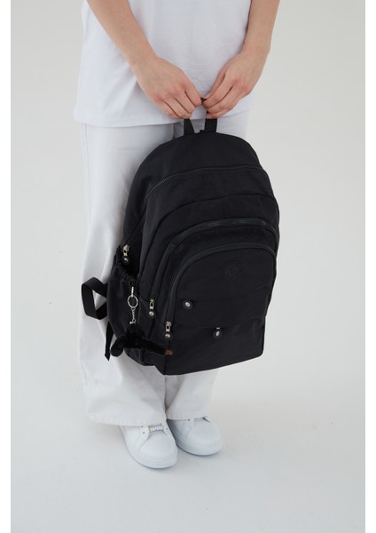 Unisex Krinkıl Kumaş Su Itici Büyük Boy Çok Gözlü Siyah Seyahat Sırt Çantas Lise Ortaokul Universite indirimleri