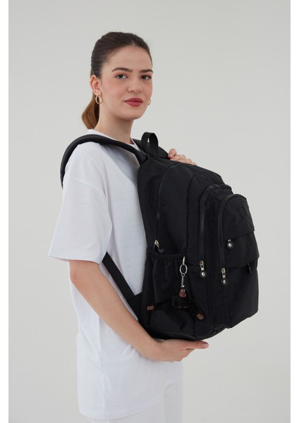 Unisex Krinkıl Kumaş Su Itici Büyük Boy Çok Gözlü Siyah Seyahat Sırt Çantas Lise Ortaokul Universite