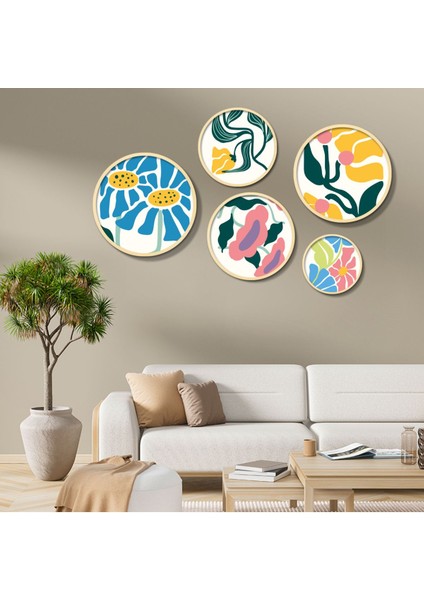 Yuvarlak Ahşap Çerçeveli Renkli Soyut Çiçekler Tablo Seti