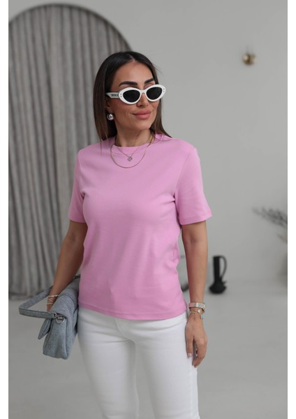 Kadın Bisiklet Yaka Basic T-Shirt %100 Pamuk