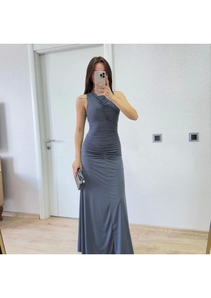 Kolsuz Büzgülü Uzun Elbise Füme modelleri