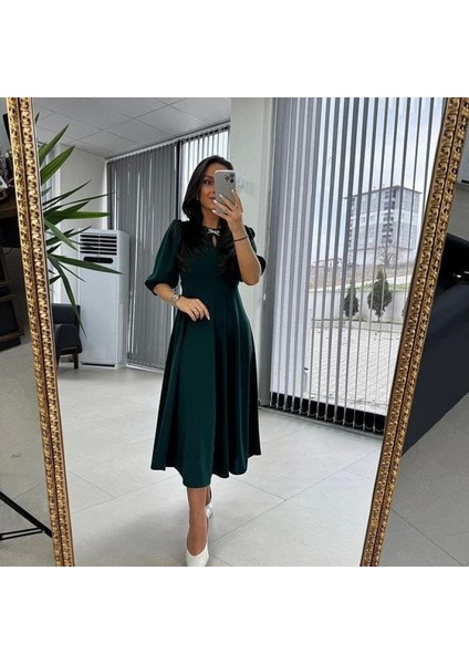 Kadın Kısa Kollu Bisiklet Yaka Fiyonk Broşlu Midi Janjan Krep Elbise