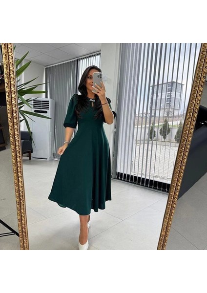 Kadın Kısa Kollu Bisiklet Yaka Fiyonk Broşlu Midi Janjan Krep Elbise fiyatları