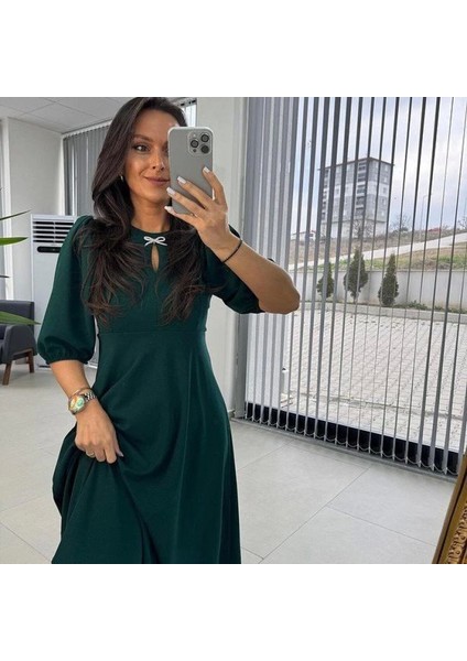 Kadın Kısa Kollu Bisiklet Yaka Fiyonk Broşlu Midi Janjan Krep Elbise indirimleri