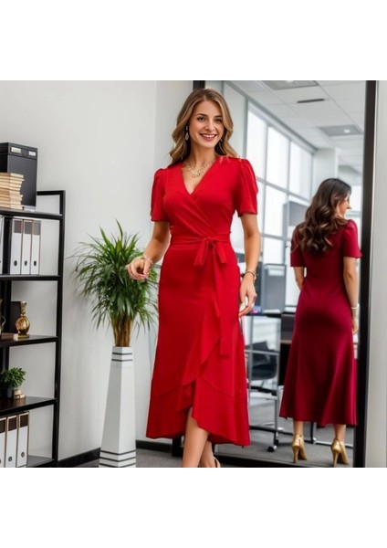 Kadın Kruvaze Yaka Idi Boy Kuşaklı Krep Elbise 120 cm