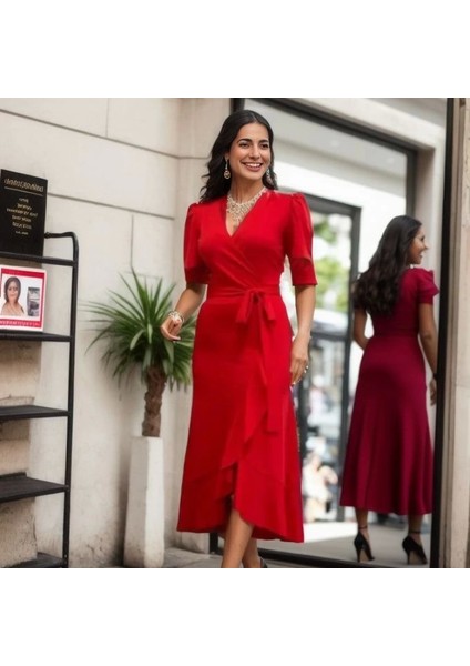 Kadın Kruvaze Yaka Idi Boy Kuşaklı Krep Elbise 120 cm fiyatları
