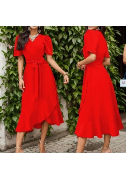 Kadın Kruvaze Yaka Idi Boy Kuşaklı Krep Elbise 120 cm modelleri