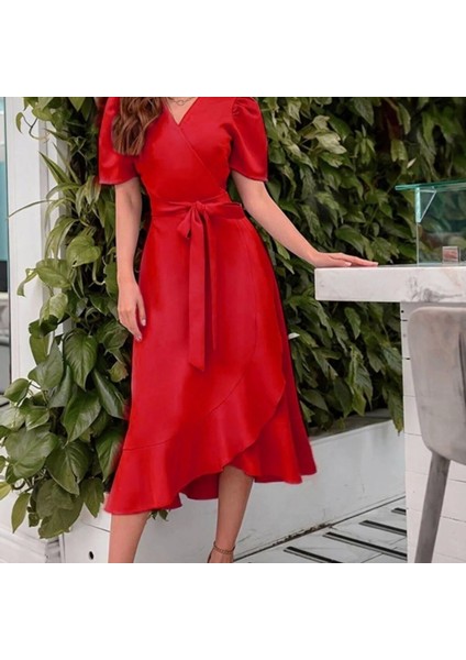 Kadın Kruvaze Yaka Idi Boy Kuşaklı Krep Elbise 120 cm fırsatları