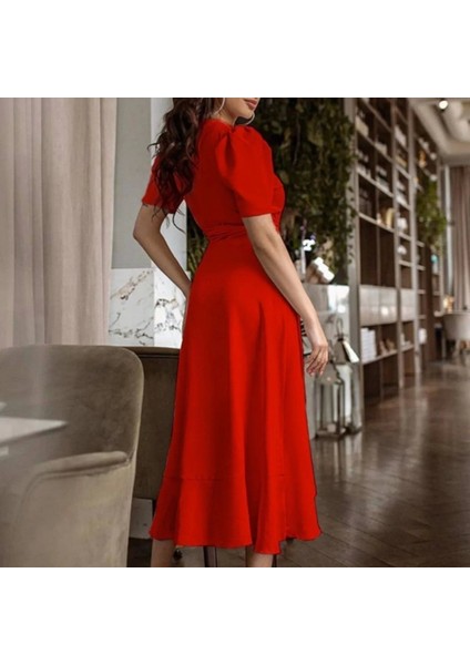 Kadın Kruvaze Yaka Idi Boy Kuşaklı Krep Elbise 120 cm indirimleri