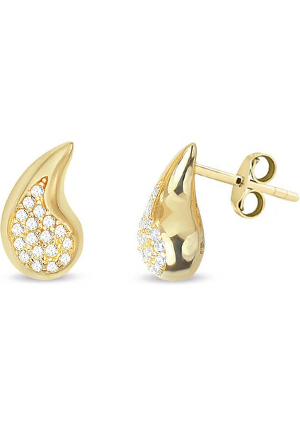 Taşlı Su Damlası Altın Küçük Boy Küpe