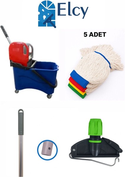 Tek Kovalı Temizlik Arabası ve Paspas Arabası Temizlik Seti Plastik - 5 Adet Islak Mop Seti