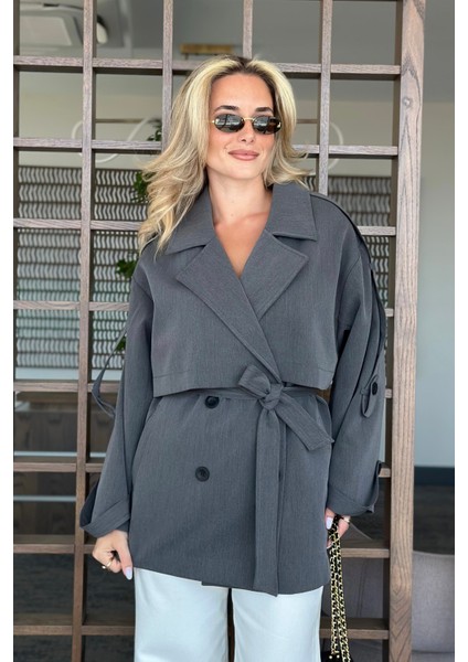 Antrasit Oversize Düşük Omuz Kısa Trenç - 9580