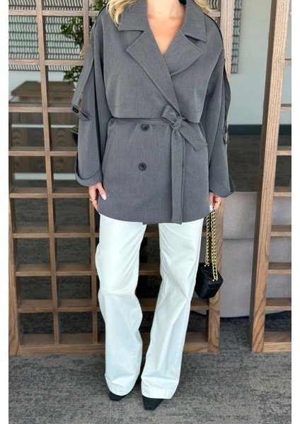 Antrasit Oversize Düşük Omuz Kısa Trenç - 9580 fiyatları