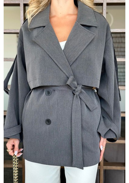 Antrasit Oversize Düşük Omuz Kısa Trenç - 9580 fırsatları