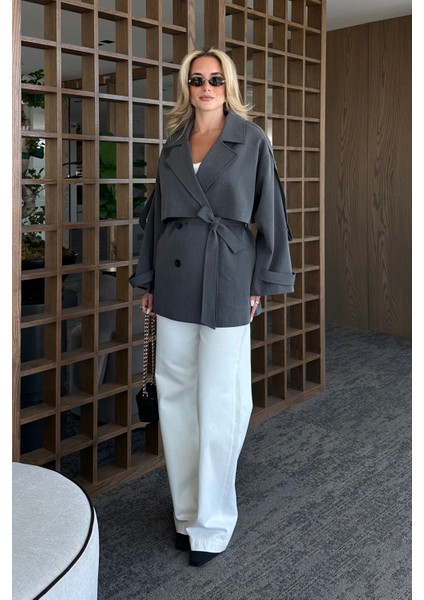 Antrasit Oversize Düşük Omuz Kısa Trenç - 9580 indirimleri