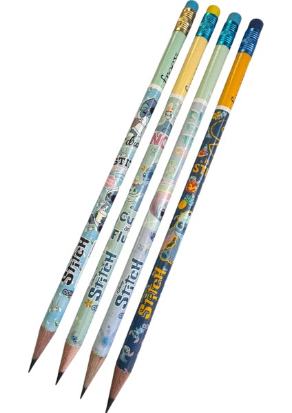 Stitch Lisanslı Kurşun Kalem Seti, 2b Sertlik, Silgili, 4 Adet, Renkli Tasarım