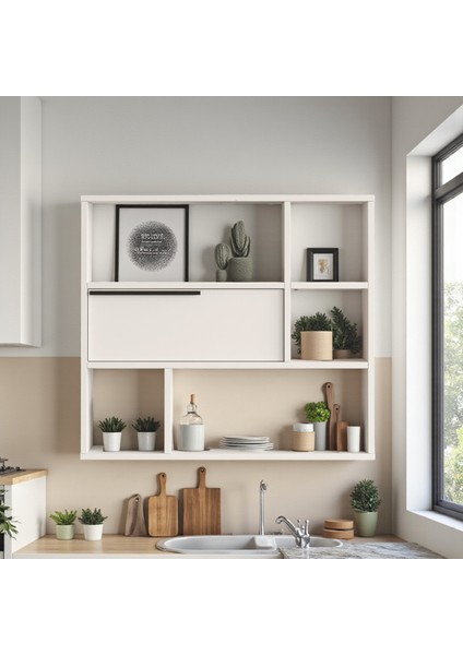 Mutfak Salon Duvar Rafı Kitaplık 90CM Kapaklı Beyaz