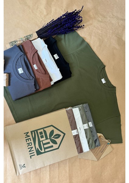 Store %100 Organik Pamuk Nefes Alan Tok Yumuşak Dokulu Premium Yarım Oversize Bisiklet Yaka Basic Kadın/Unisex Tişört Haki fırsatları