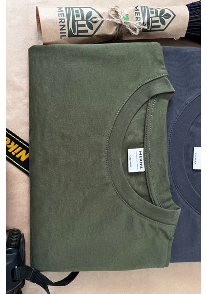 Store %100 Organik Pamuk Nefes Alan Tok Yumuşak Dokulu Premium Yarım Oversize Bisiklet Yaka Basic Kadın/Unisex Tişört Haki indirimleri