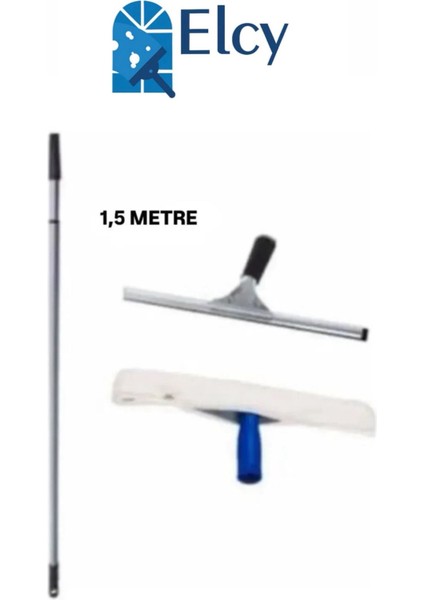 Cam Temizlik Seti 1,5 Metre Teleskopik Uzayabilen Metal Sap 35 cm Cam Peluş ve Cam Çekçeği