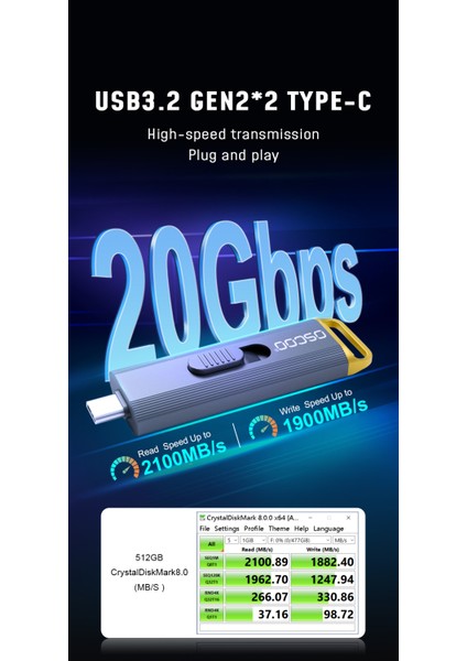 D8 512GB 20GBPS (2100/1900MB/s) Usb3.2 Gen2*2, Type C Taşınabilir SSD fırsatları