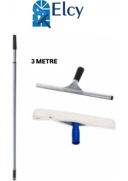 Cam Temizlik Seti 3 Metre Teleskopik Uzayabilen Metal Sap 35 cm Cam Peluş ve Cam Çekçeği