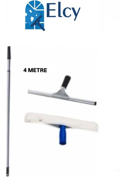 Cam Temizlik Seti 4 Metre Teleskopik Uzayabilen Metal Sap 35 cm Cam Peluş ve Cam Çekçeği