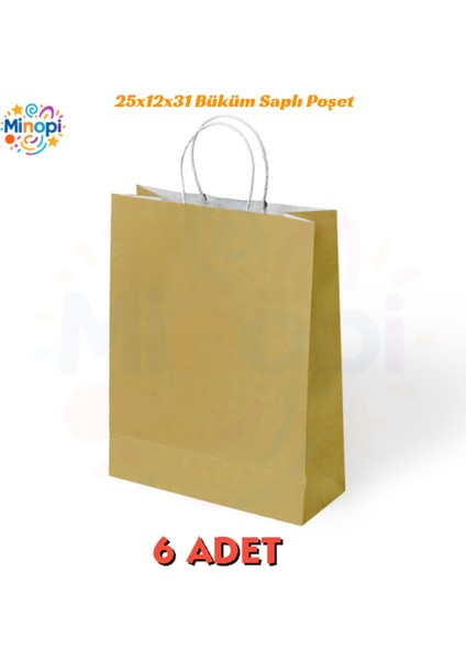 6 Adet Büküm Saplı Altın Çanta 25X12X31 cm Kağıt Çanta