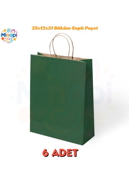6 Adet Büküm Saplı Yeşil Çanta 25X12X31 cm Kağıt Çanta