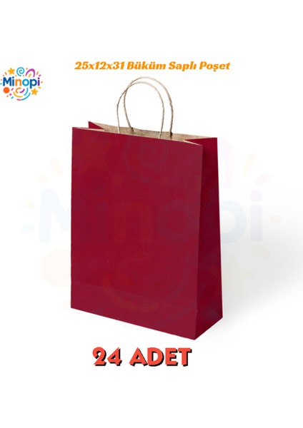 24 Adet Büküm Saplı Bordo Çanta 25X12X31 cm Kağıt Çanta