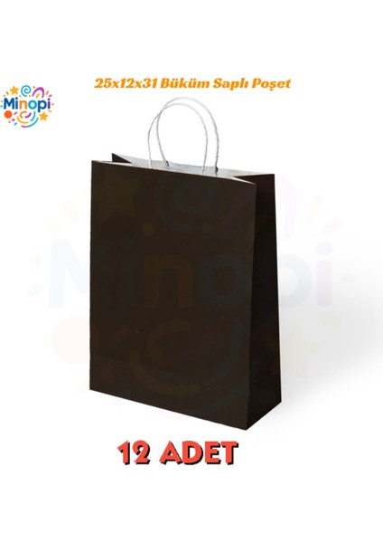 12 Adet Büküm Saplı Siyah Çanta 25X12X31 cm Kağıt Çanta