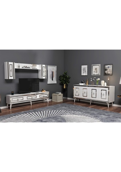 Karyact 180CM Tv Ünitesi ve Konsol 2li Salon Takımı Beyaz-Gümüş