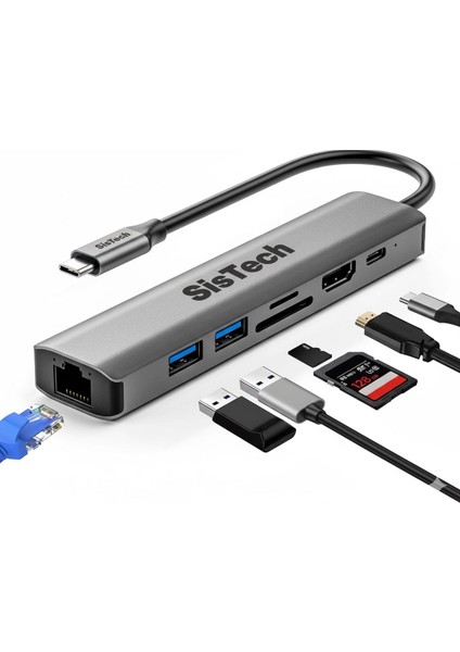 Ally BYL-2303 7 In 1 Dönüştürücü Çoğaltıcı Hub - Type-C To 1000MBPS Ethernet 4K HDMI USB 3.0 PD100W Sd-Tf Cards