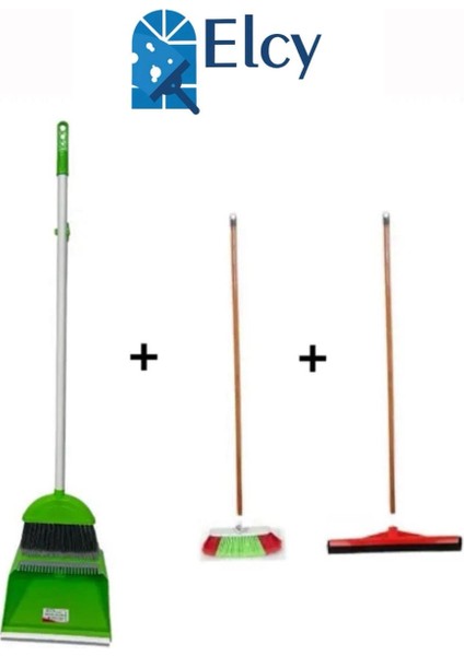 3 Lü Temizlik Seti Ahşap Saplı Fırça Çekpas Çekçek Lux Katlanabilir Faraş