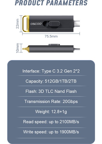 D8 2 TB 20GBPS (2100/1900MB/s) Usb3.2 Gen2*2, Type C Taşınabilir SSD