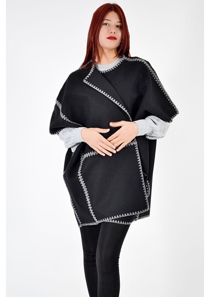 Önü Tığ Işlemeli Panço-Siyah