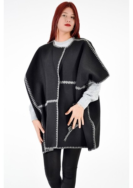 Önü Tığ Işlemeli Panço-Siyah modelleri