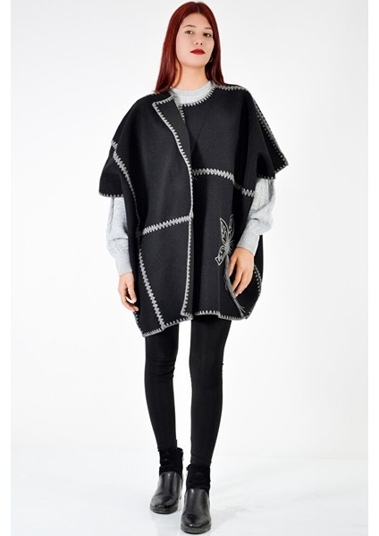 Önü Tığ Işlemeli Panço-Siyah fırsatları