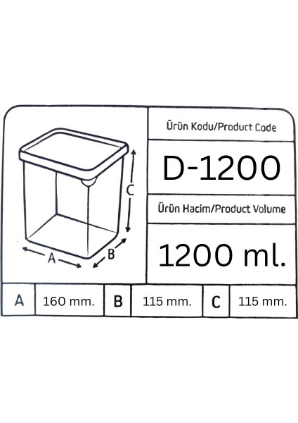 Dikdörtgen Bakliyat Baharat Gıda Saklama Kabı - 1.2 Lt. - 12 Adet fiyatları