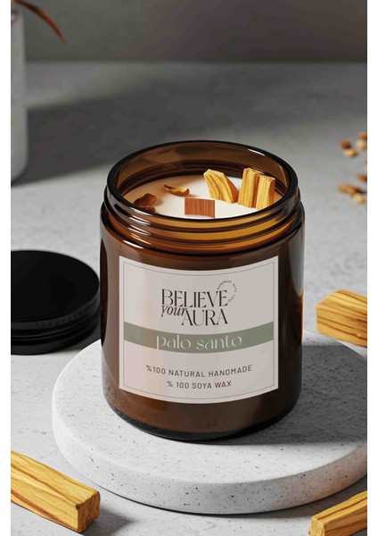 Sandal Ağacı Kokulu Doğal Soya Mumu - Palo Santo Tütsü Dekorlu Ahşap Fitilli Kavanoz Mum - 240 cc