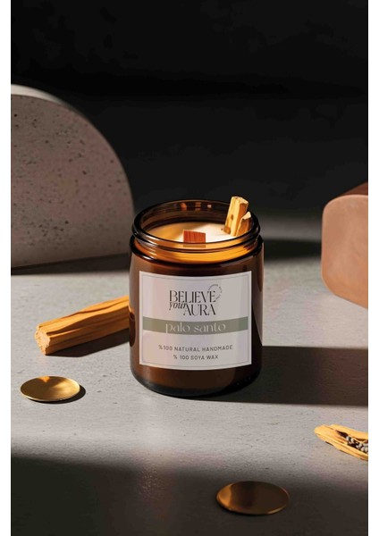 Sandal Ağacı Kokulu Doğal Soya Mumu - Palo Santo Tütsü Dekorlu Ahşap Fitilli Kavanoz Mum - 240 cc fırsatları