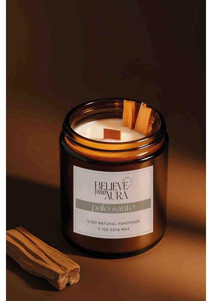 Sandal Ağacı Kokulu Doğal Soya Mumu - Palo Santo Tütsü Dekorlu Ahşap Fitilli Kavanoz Mum - 240 cc indirimleri