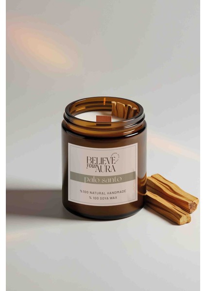 Sandal Ağacı Kokulu Doğal Soya Mumu - Palo Santo Tütsü Dekorlu Ahşap Fitilli Kavanoz Mum - 240 cc